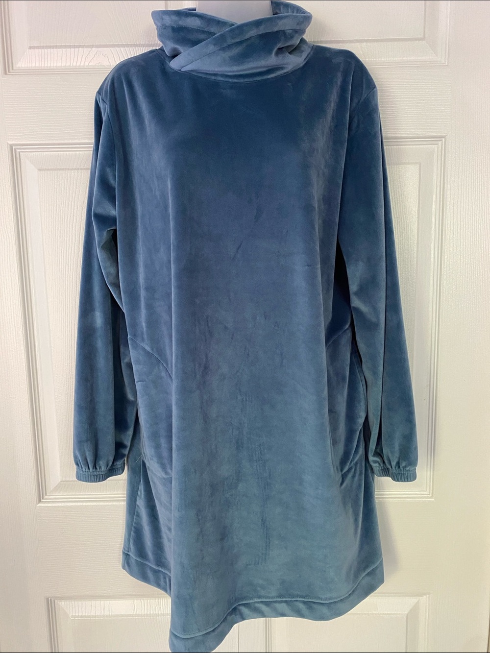 Softies Dress 35" Feather Velour Funnel Neck Lounger Dress Blue Velvet Blue L - Picture 7 of 12